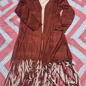 Fringed Open-Front Cardigan Sweater - Brown